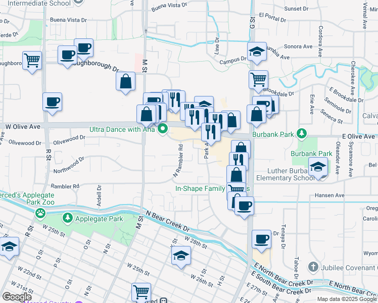 map of restaurants, bars, coffee shops, grocery stores, and more near 305 Eric Court in Merced