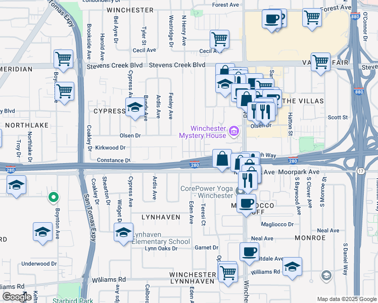 map of restaurants, bars, coffee shops, grocery stores, and more near 712 Wisteria Court in San Jose