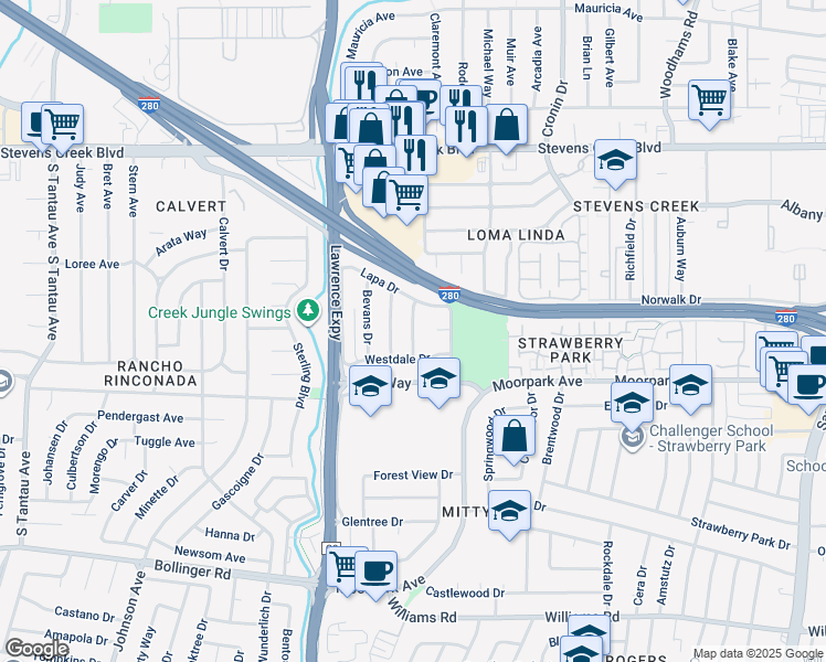 map of restaurants, bars, coffee shops, grocery stores, and more near South Park Drive in San Jose