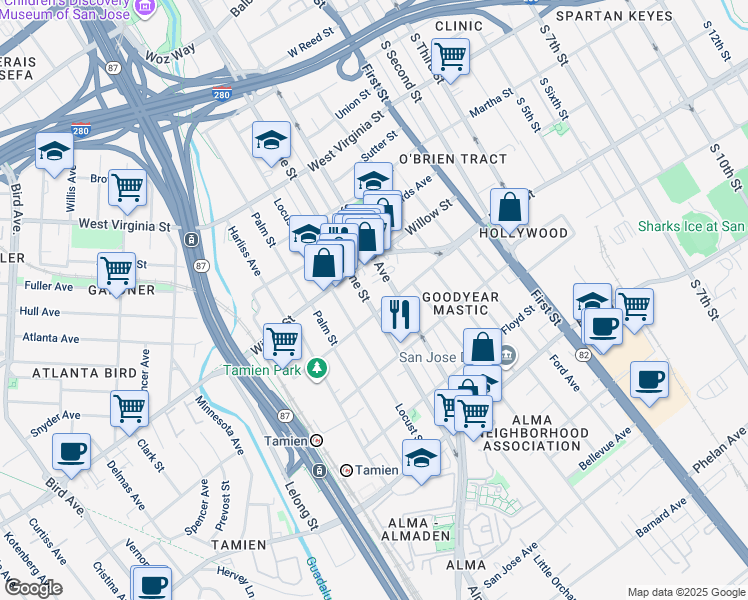 map of restaurants, bars, coffee shops, grocery stores, and more near 1072 Vine Street in San Jose
