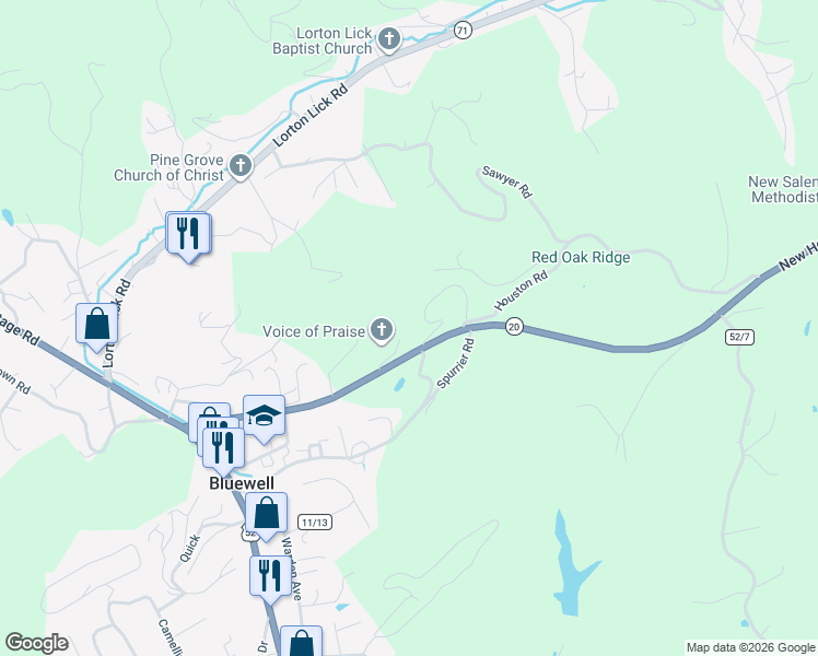 map of restaurants, bars, coffee shops, grocery stores, and more near 9952 New Hope Rd in Bluefield