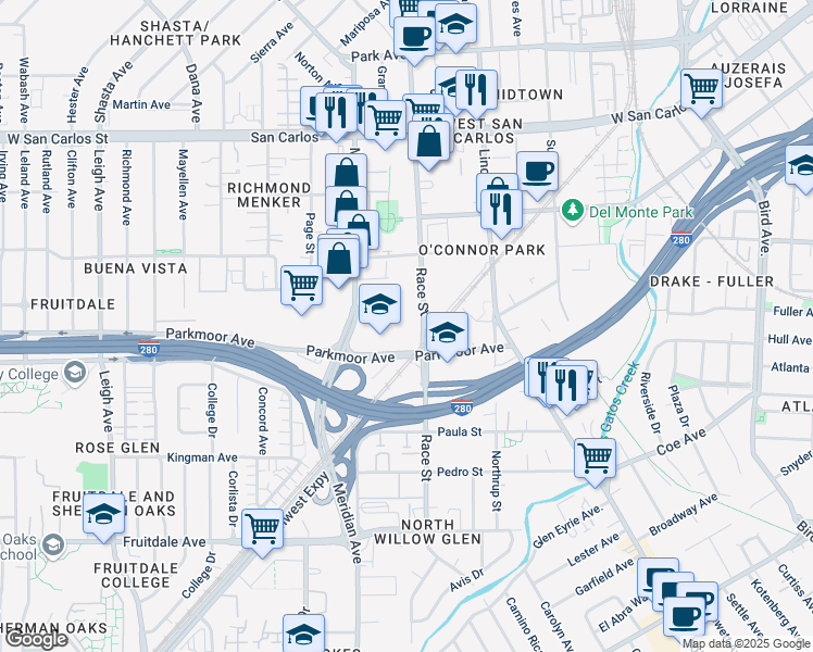 map of restaurants, bars, coffee shops, grocery stores, and more near 580 Race Street in San Jose
