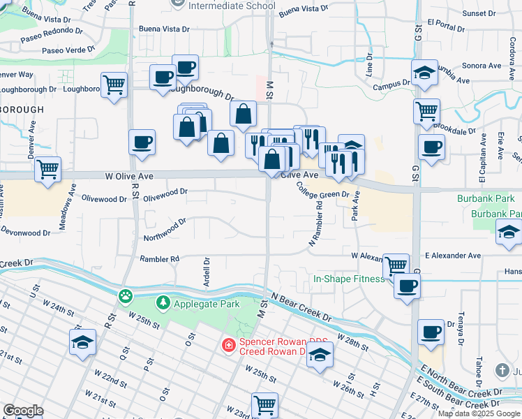 map of restaurants, bars, coffee shops, grocery stores, and more near 2976 M Street in Merced