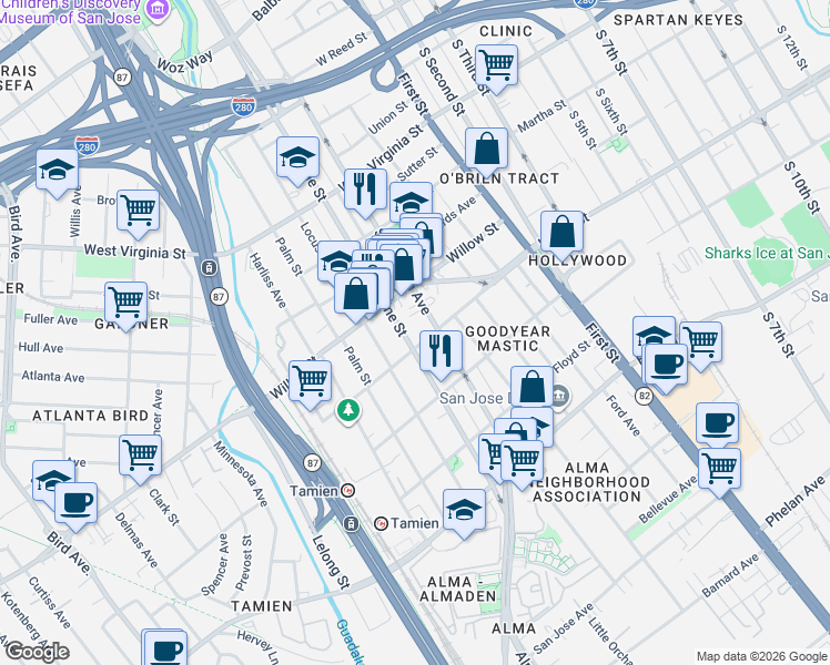 map of restaurants, bars, coffee shops, grocery stores, and more near 1095 Vine Street in San Jose