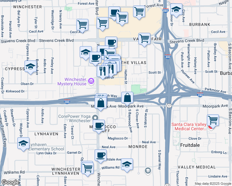map of restaurants, bars, coffee shops, grocery stores, and more near in San Jose