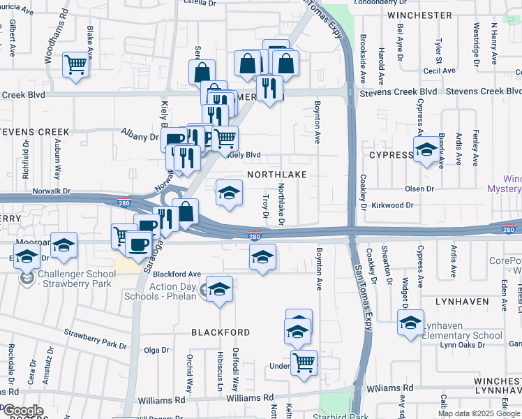 map of restaurants, bars, coffee shops, grocery stores, and more near 563 Troy Drive in San Jose