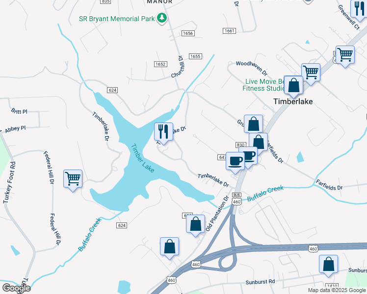 map of restaurants, bars, coffee shops, grocery stores, and more near 353 Timberlake Drive in Lynchburg