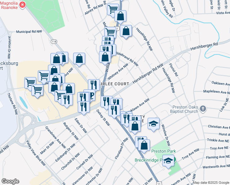 map of restaurants, bars, coffee shops, grocery stores, and more near 1002 Hershberger Road Northwest in Roanoke