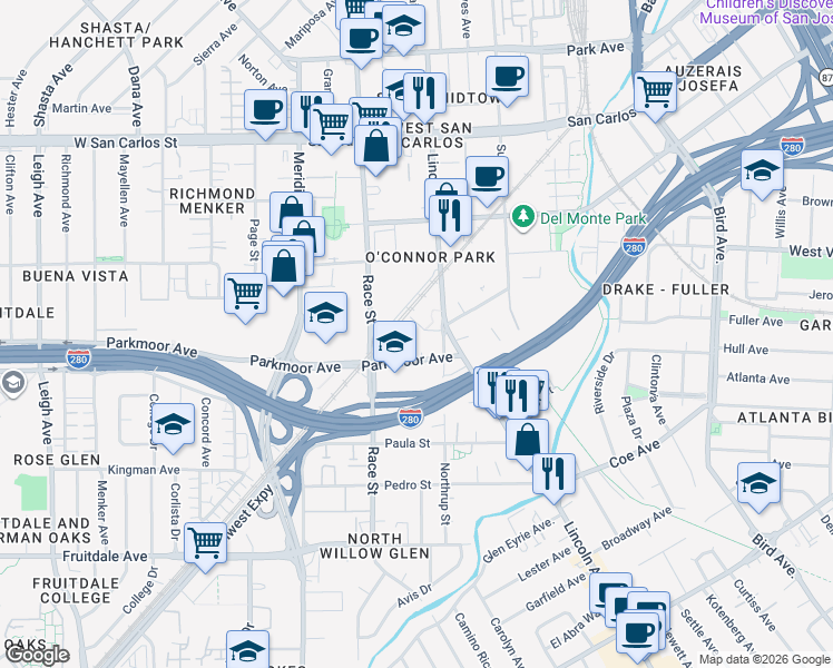 map of restaurants, bars, coffee shops, grocery stores, and more near 1201 Parkmoor Avenue in San Jose