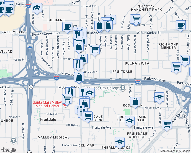 map of restaurants, bars, coffee shops, grocery stores, and more near 570 Arleta Avenue in San Jose