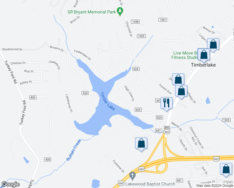 map of restaurants, bars, coffee shops, grocery stores, and more near 471 Timberlake Drive in Lynchburg