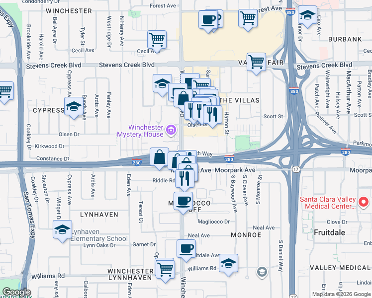 map of restaurants, bars, coffee shops, grocery stores, and more near 650 Tisch Way in San Jose