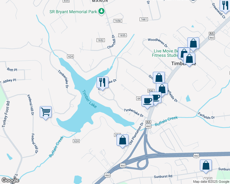 map of restaurants, bars, coffee shops, grocery stores, and more near 353 Timberlake Drive in Lynchburg