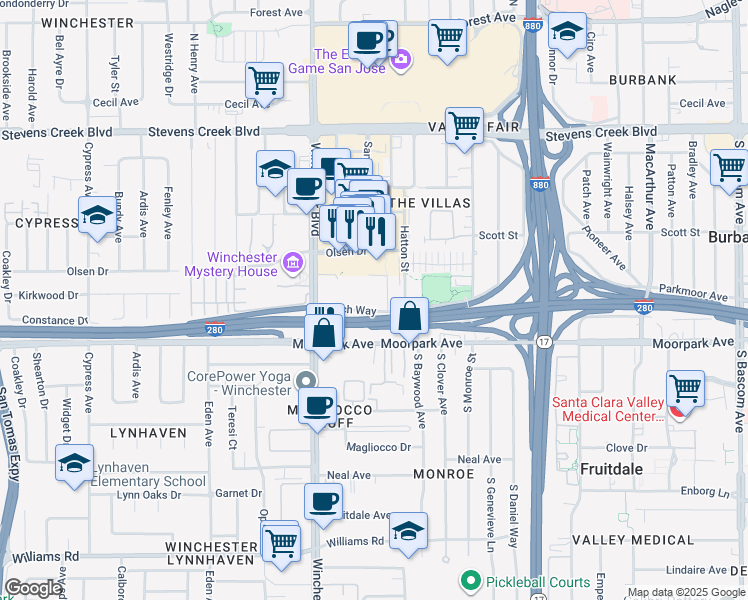 map of restaurants, bars, coffee shops, grocery stores, and more near in San Jose