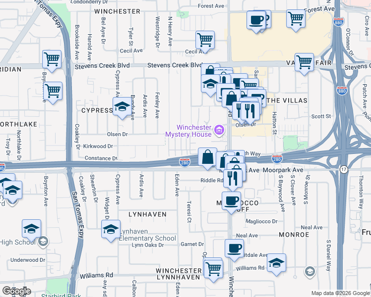 map of restaurants, bars, coffee shops, grocery stores, and more near 581 Yale Way in San Jose