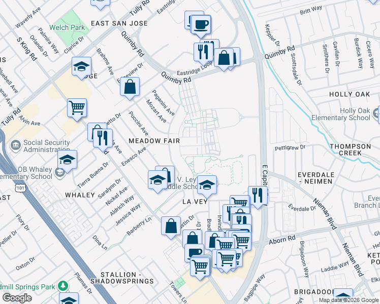 map of restaurants, bars, coffee shops, grocery stores, and more near Revelry Street in San Jose