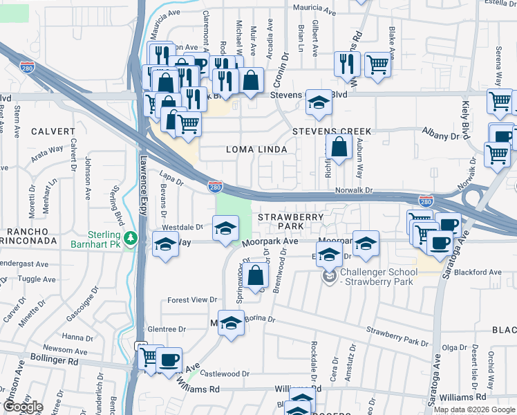 map of restaurants, bars, coffee shops, grocery stores, and more near 4898 Cherrythorne Lane in San Jose