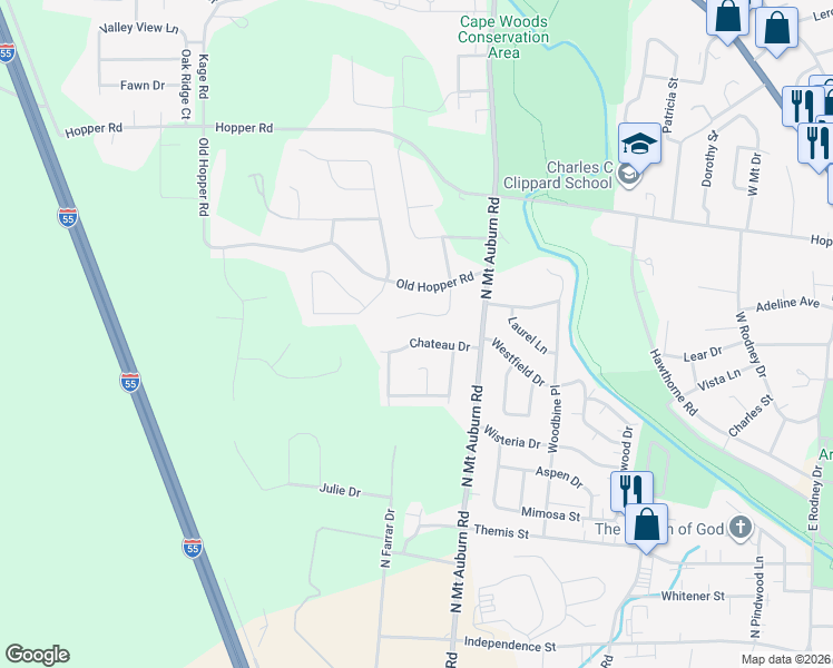 map of restaurants, bars, coffee shops, grocery stores, and more near 3237 Chateau Drive in Cape Girardeau