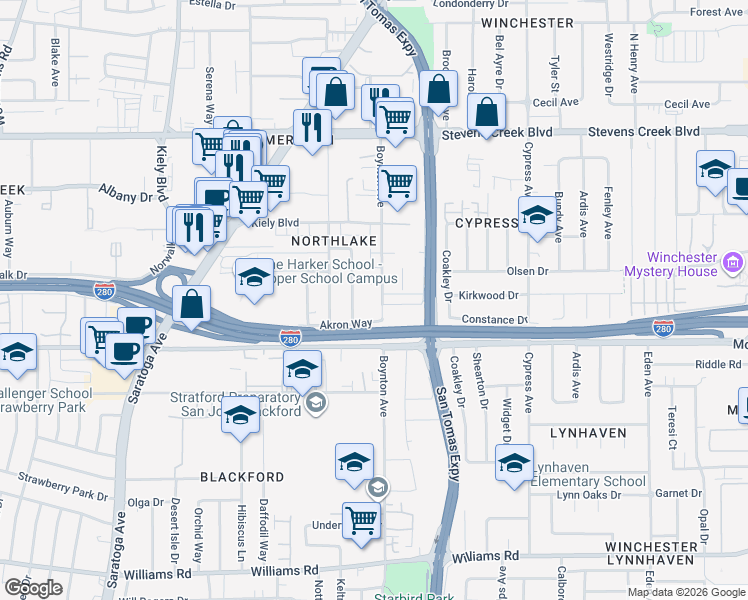map of restaurants, bars, coffee shops, grocery stores, and more near 515 Boynton Avenue in San Jose