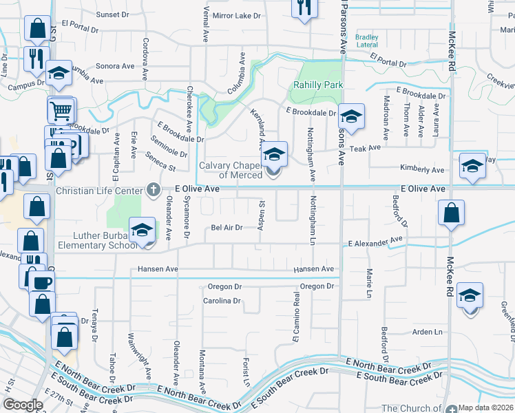 map of restaurants, bars, coffee shops, grocery stores, and more near 3071 Aspen Street in Merced