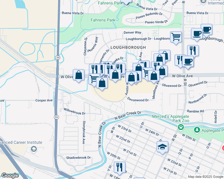 map of restaurants, bars, coffee shops, grocery stores, and more near 1750 West Olive Avenue in Merced
