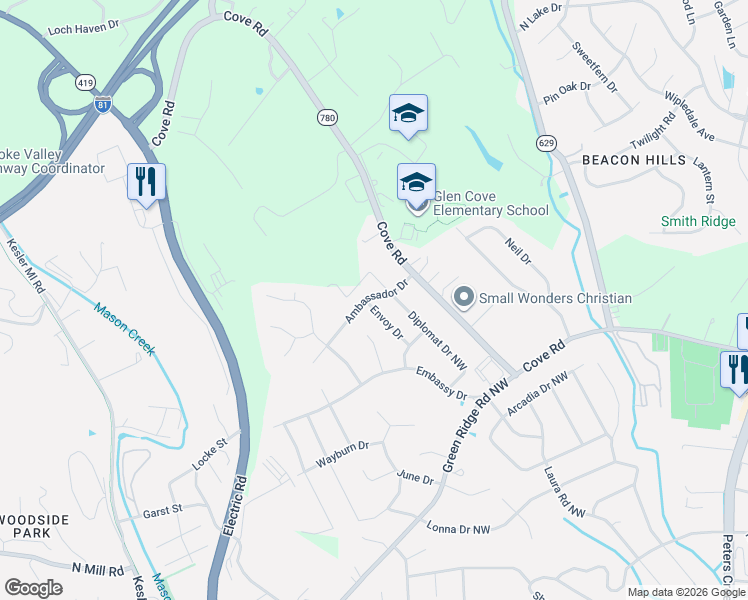 map of restaurants, bars, coffee shops, grocery stores, and more near 2846 Envoy Dr in Roanoke