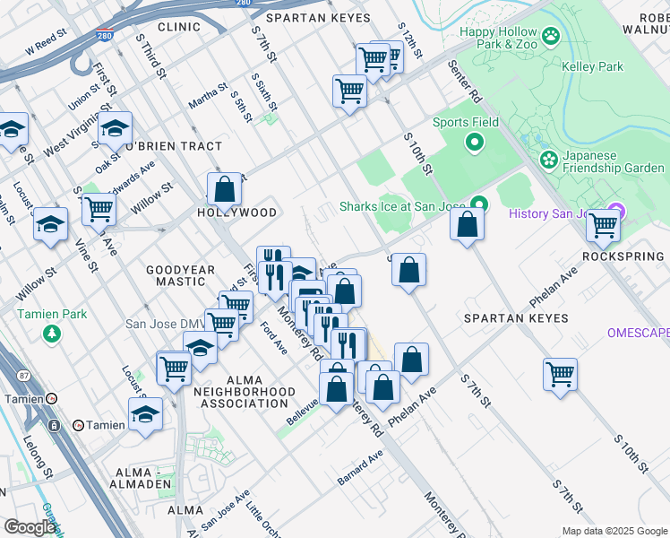 map of restaurants, bars, coffee shops, grocery stores, and more near 210 E Alma Ave in San Jose