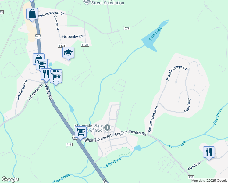 map of restaurants, bars, coffee shops, grocery stores, and more near 68 Gloucester Drive in Lynchburg