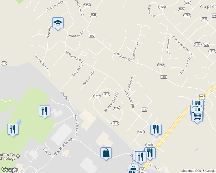 map of restaurants, bars, coffee shops, grocery stores, and more near 1891 Mulholland Circle in Roanoke
