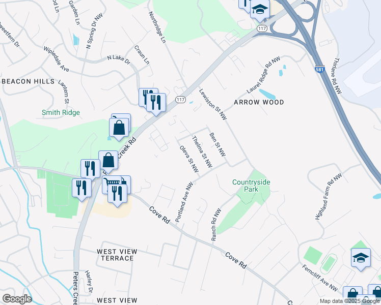 map of restaurants, bars, coffee shops, grocery stores, and more near 4425 Oleva Street Northwest in Roanoke