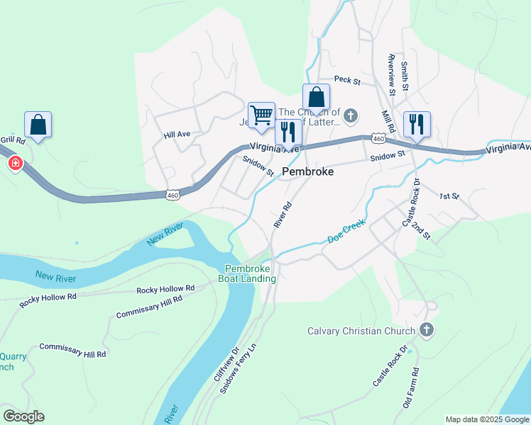 map of restaurants, bars, coffee shops, grocery stores, and more near 127-199 River Road in Pembroke