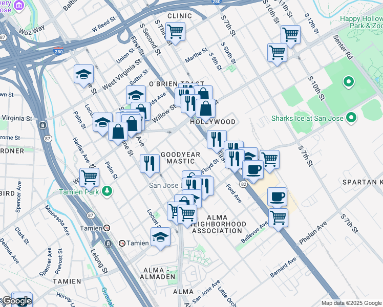 map of restaurants, bars, coffee shops, grocery stores, and more near 1234 Mastic Street in San Jose