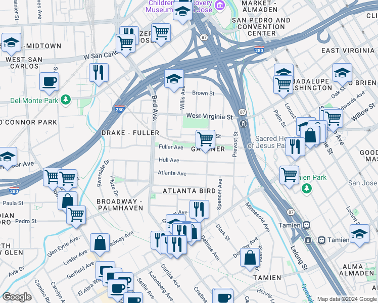 map of restaurants, bars, coffee shops, grocery stores, and more near 449 Hull Avenue in San Jose