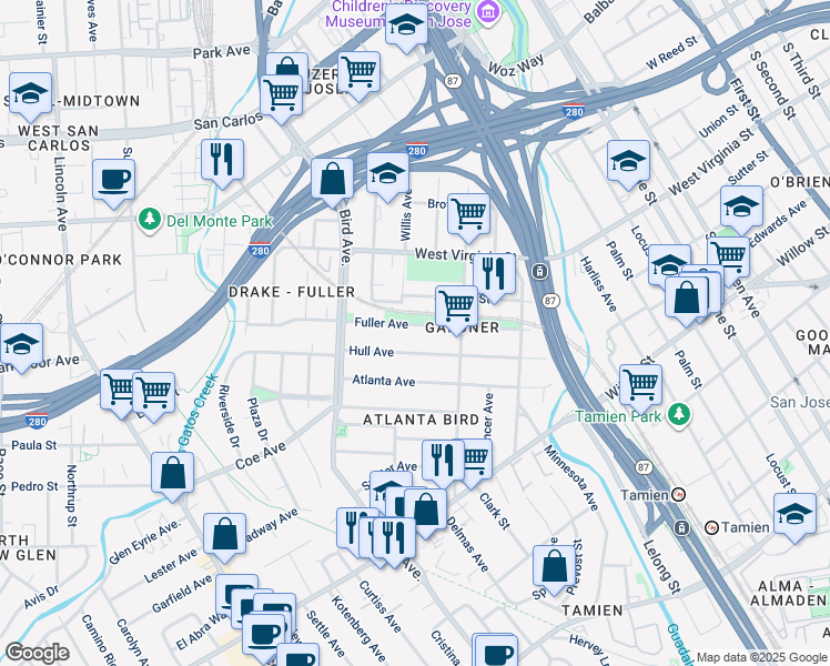 map of restaurants, bars, coffee shops, grocery stores, and more near 449 Hull Avenue in San Jose