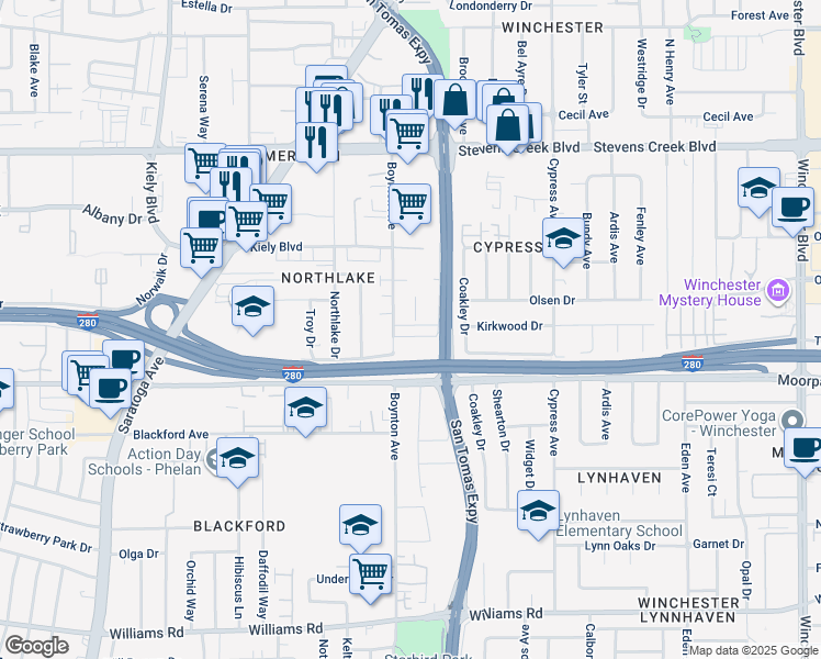 map of restaurants, bars, coffee shops, grocery stores, and more near 3670 Greenlee Drive in San Jose