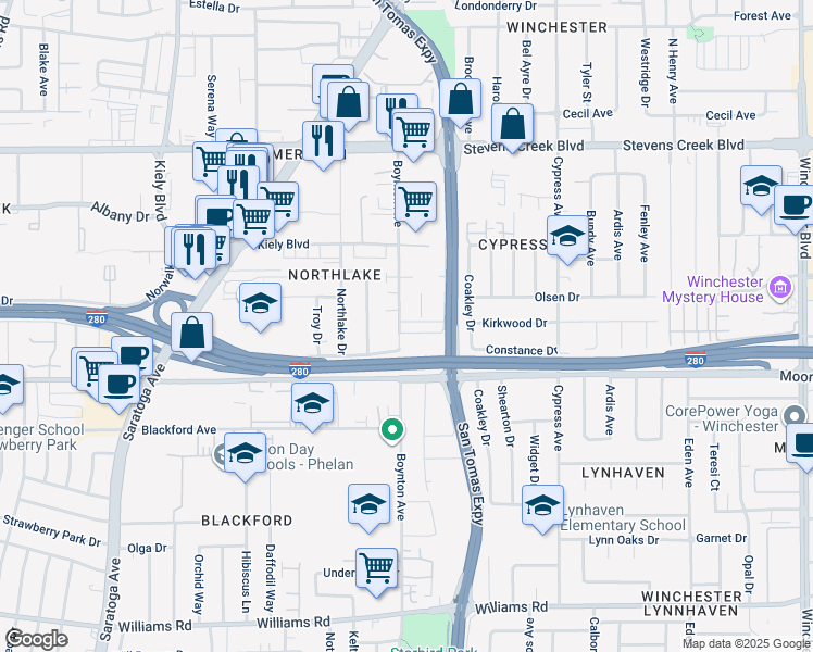 map of restaurants, bars, coffee shops, grocery stores, and more near 3703 Akron Way in San Jose