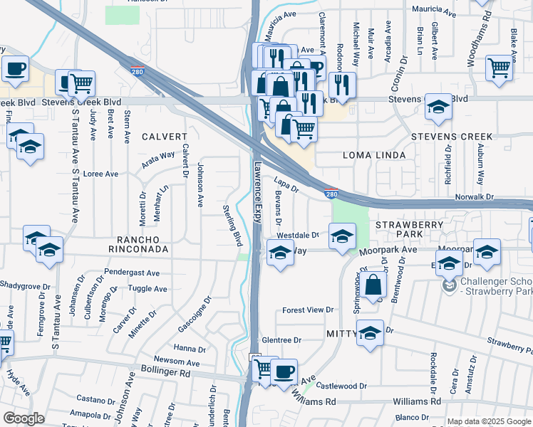 map of restaurants, bars, coffee shops, grocery stores, and more near 546 Doyle Road in San Jose
