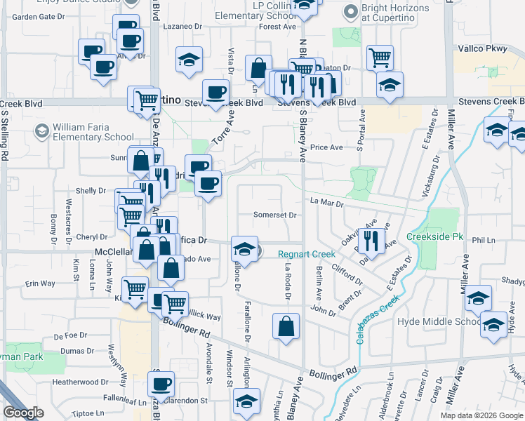 map of restaurants, bars, coffee shops, grocery stores, and more near 10386 Somerset Court in Cupertino