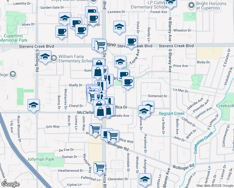 map of restaurants, bars, coffee shops, grocery stores, and more near 10430 Park Green Lane in Cupertino
