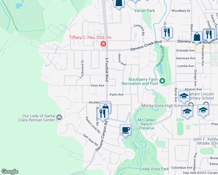 map of restaurants, bars, coffee shops, grocery stores, and more near 22487 Palm Avenue in Cupertino