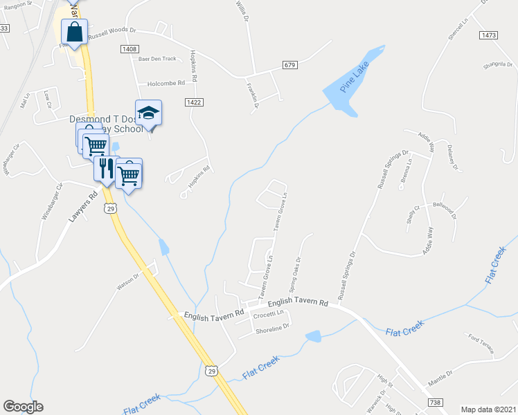 map of restaurants, bars, coffee shops, grocery stores, and more near 70 Gloucester Drive in Lynchburg