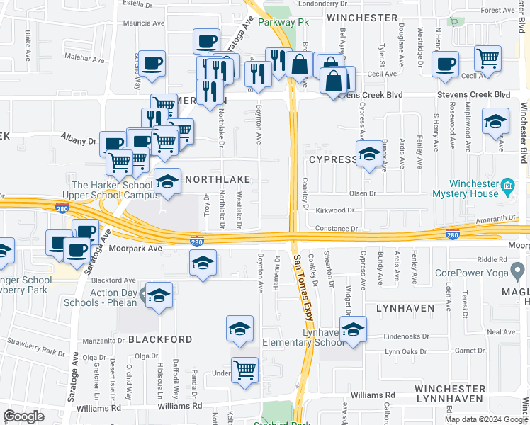 map of restaurants, bars, coffee shops, grocery stores, and more near 3695 Greenlee Drive in San Jose