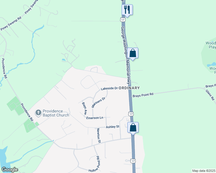 map of restaurants, bars, coffee shops, grocery stores, and more near 6959 Lakeside Drive in Gloucester Point