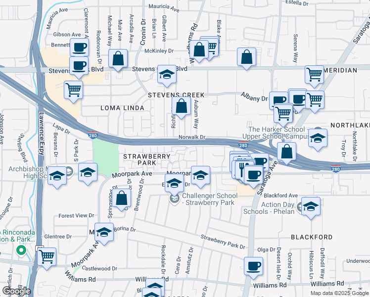 map of restaurants, bars, coffee shops, grocery stores, and more near 4612 Japonica Way in San Jose
