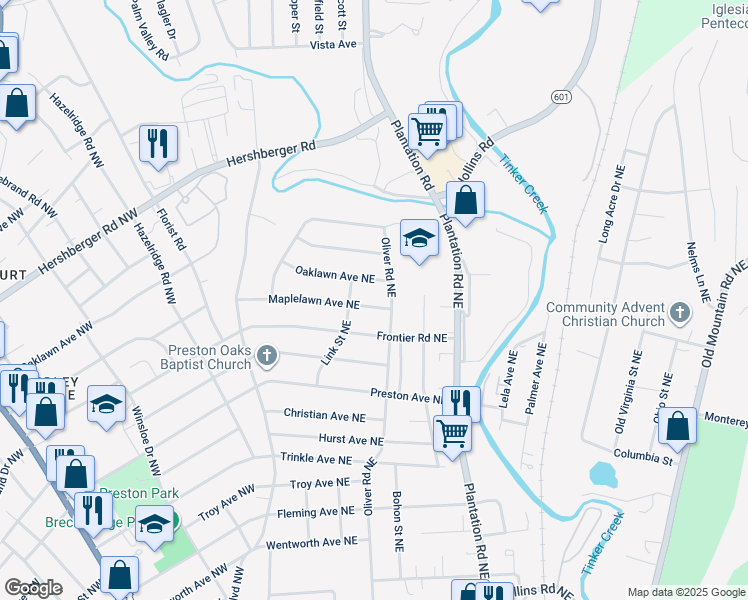 map of restaurants, bars, coffee shops, grocery stores, and more near 222 Maplelawn Avenue Northeast in Roanoke
