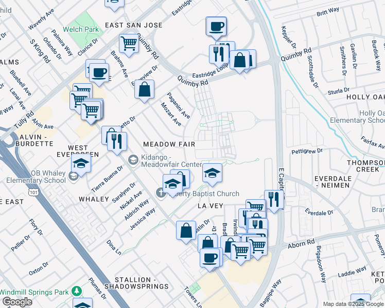 map of restaurants, bars, coffee shops, grocery stores, and more near 2754 Chopin Avenue in San Jose