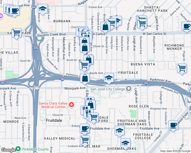 map of restaurants, bars, coffee shops, grocery stores, and more near 566 Laswell Avenue in San Jose