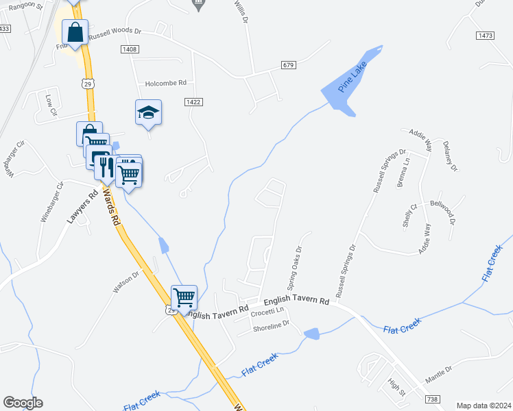 map of restaurants, bars, coffee shops, grocery stores, and more near 74 Gloucester Drive in Lynchburg