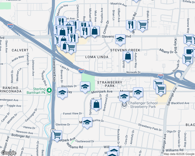 map of restaurants, bars, coffee shops, grocery stores, and more near 4898 Cherrythorne Lane in San Jose