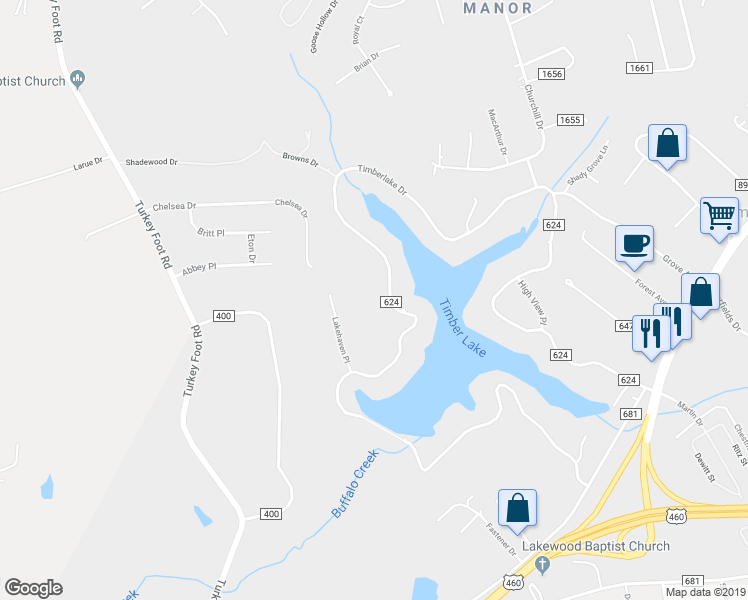 map of restaurants, bars, coffee shops, grocery stores, and more near 1793 Timberlake Drive in Lynchburg